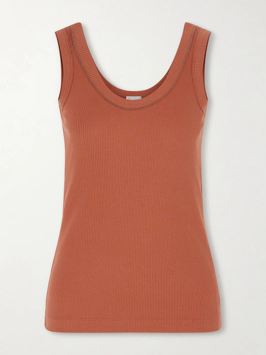 Image of a model wearing Tops. Product name - Ribbed Cotton-blend Tank in Orange colour by brand - Brunello Cucinelli