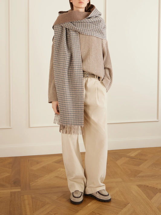 Image of Scarves & Shawls. Product name - Hooded Fringed Checked Cashmere Wrap in Brown colour by brand - Brunello Cucinelli