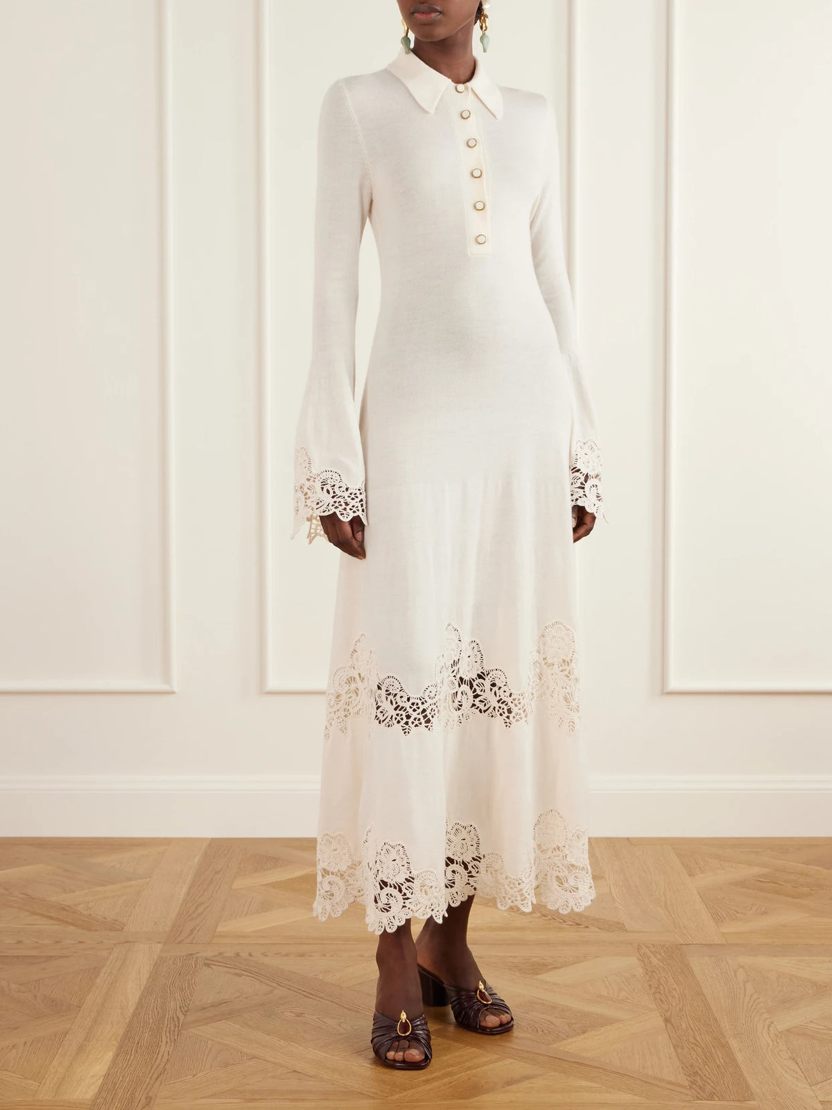 Image of Dresses. Product name - Clash Crochet-trimmed Wool Midi Dress in Cream colour by brand - Zimmermann