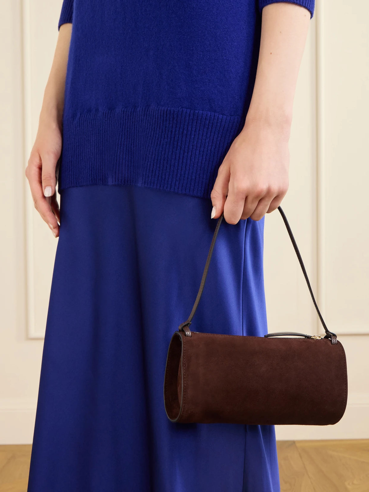Image of Bags. Product name - Gemini Leather-trimmed Suede Shoulder Bag in Dark brown colour by brand - NEOUS