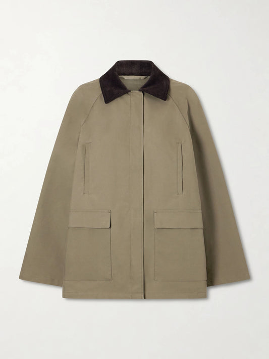Image of Coats & Jackets. Product name - Corduroy-trimmed Cotton-gabardine Coat in Army green colour by brand - TOTEME
