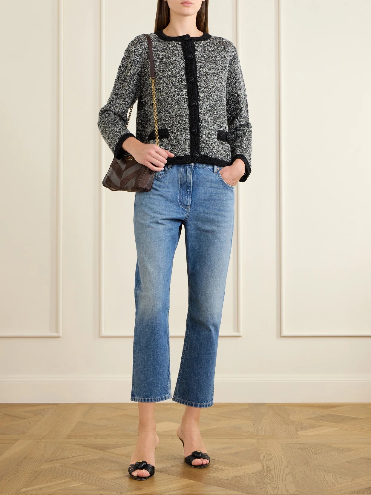 Image of Coats & Jackets. Product name - Embellished Knitted Linen Cardigan in Black colour by brand - Valentino Garavani