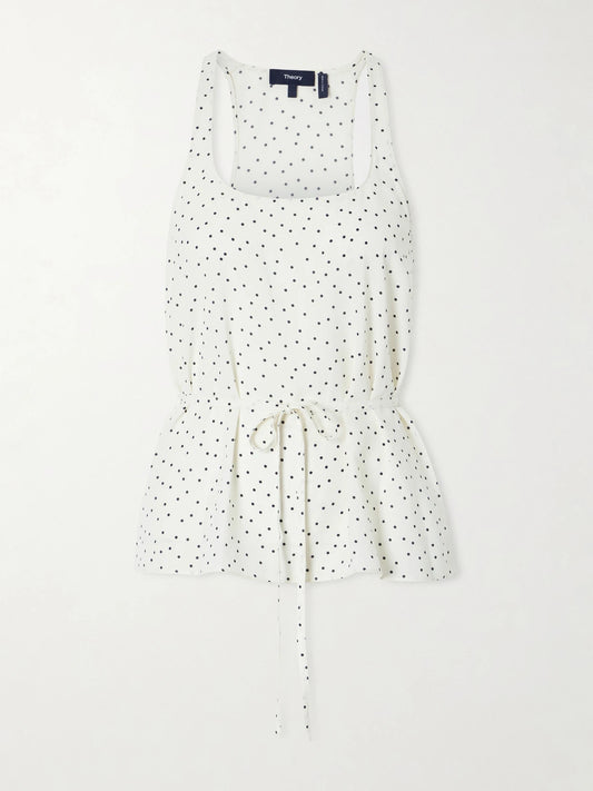 Image of a model wearing Tops. Product name - Belted Halterneck Polka-dot Tank in Ivory colour by brand - Theory