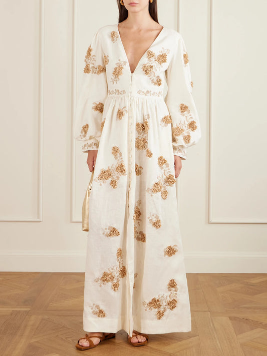 Image of Dresses. Product name - Frambuesa Embroidered Cotton Maxi Dress in Multi colour by brand - Agua by Agua Bendita