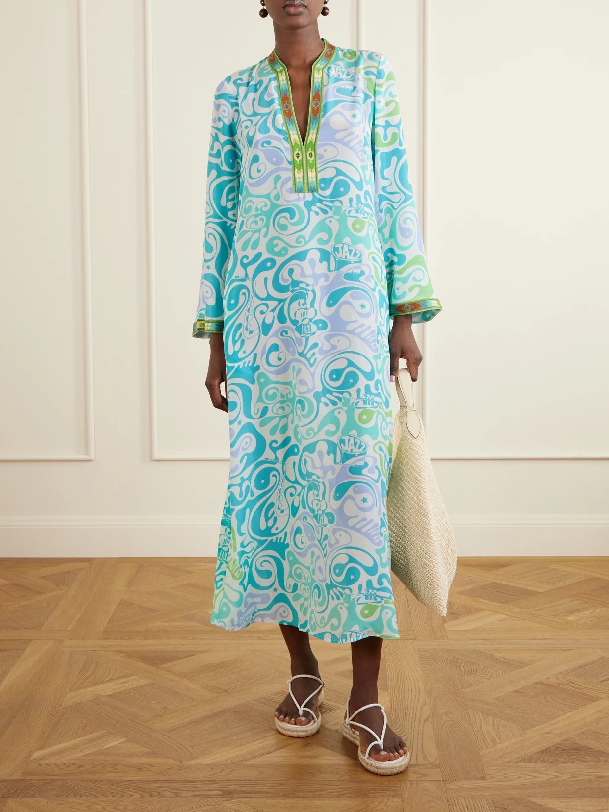Image of Dresses. Product name - Jenna Printed Silk Coverup in Light blue colour by brand - Emporio Sirenuse