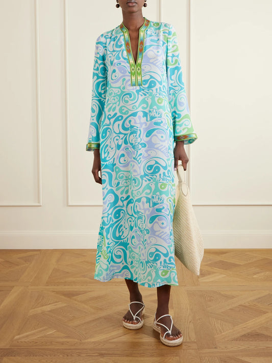 Image of Dresses. Product name - Jenna Printed Silk Coverup in Light blue colour by brand - Emporio Sirenuse