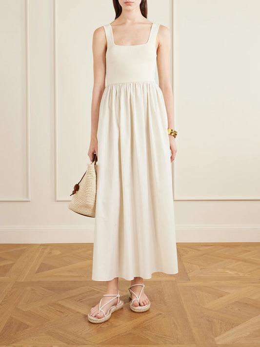 Image of Dresses. Product name - Cotton-poplin And Stretch-knit Maxi Dress in Ecru colour by brand - Matteau