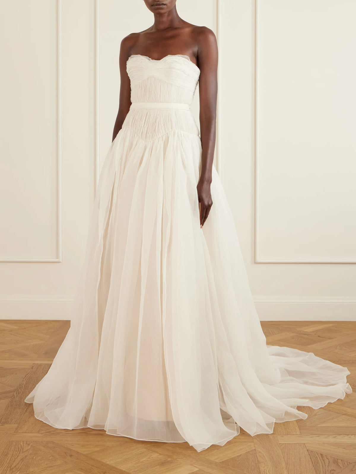 Image of Dresses. Product name - Henrietta Strapless Bustier Crinkled Silk-organza Gown in Off-white colour by brand - Danielle Frankel