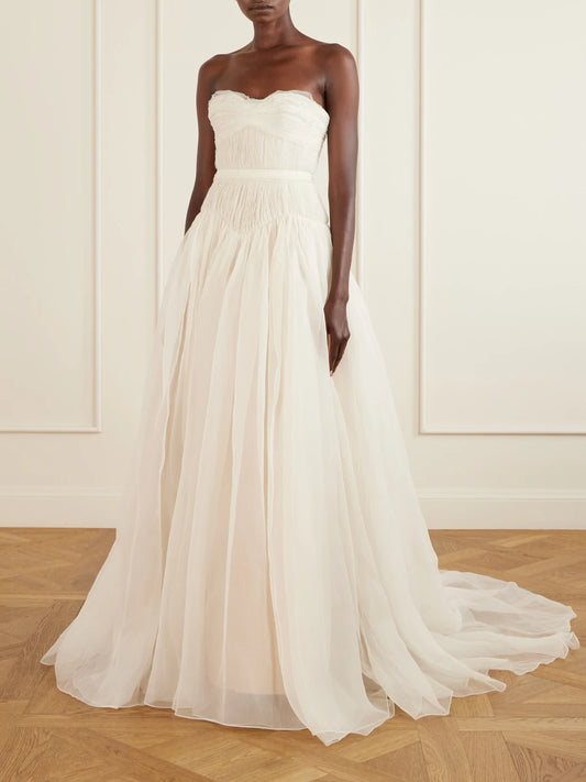Image of Dresses. Product name - Henrietta Strapless Bustier Crinkled Silk-organza Gown in Off-white colour by brand - Danielle Frankel