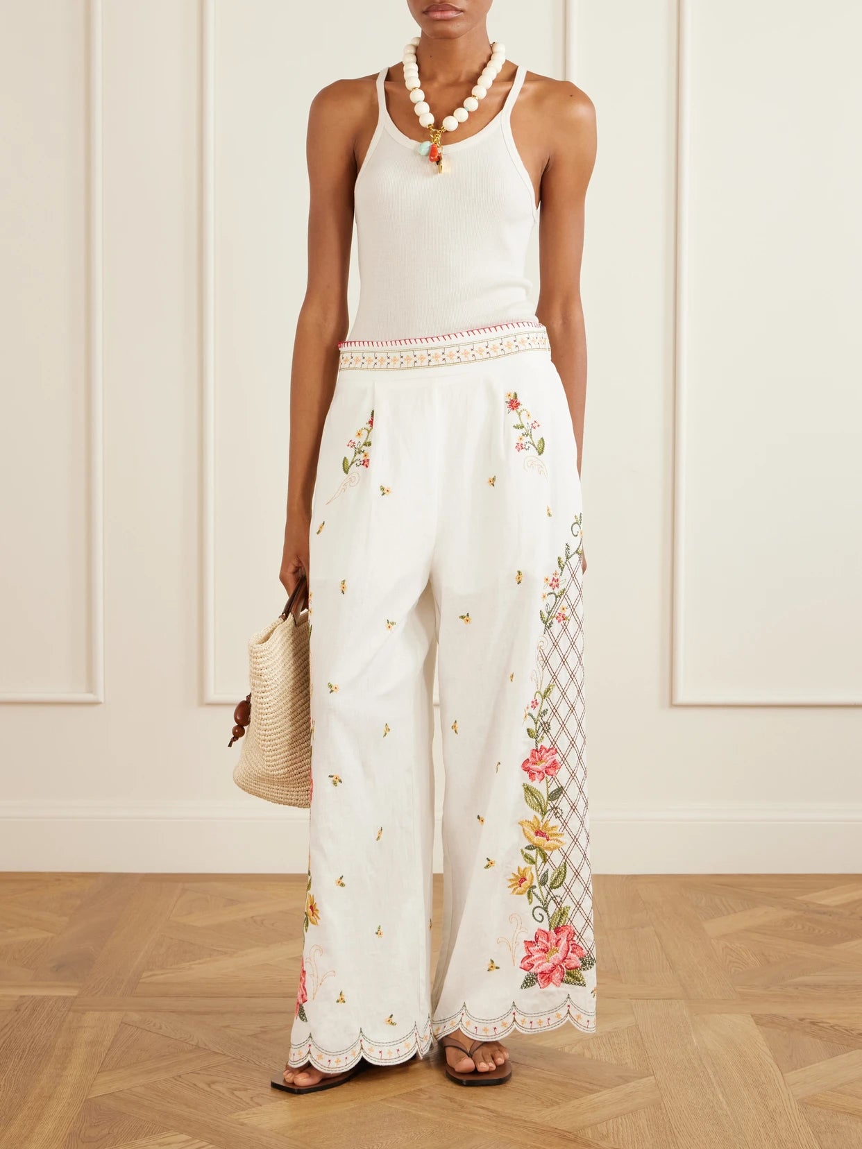 Image of a model wearing Pants. Product name - Embroidered Linen-blend Wide-leg Pants in White colour by brand - Farm Rio
