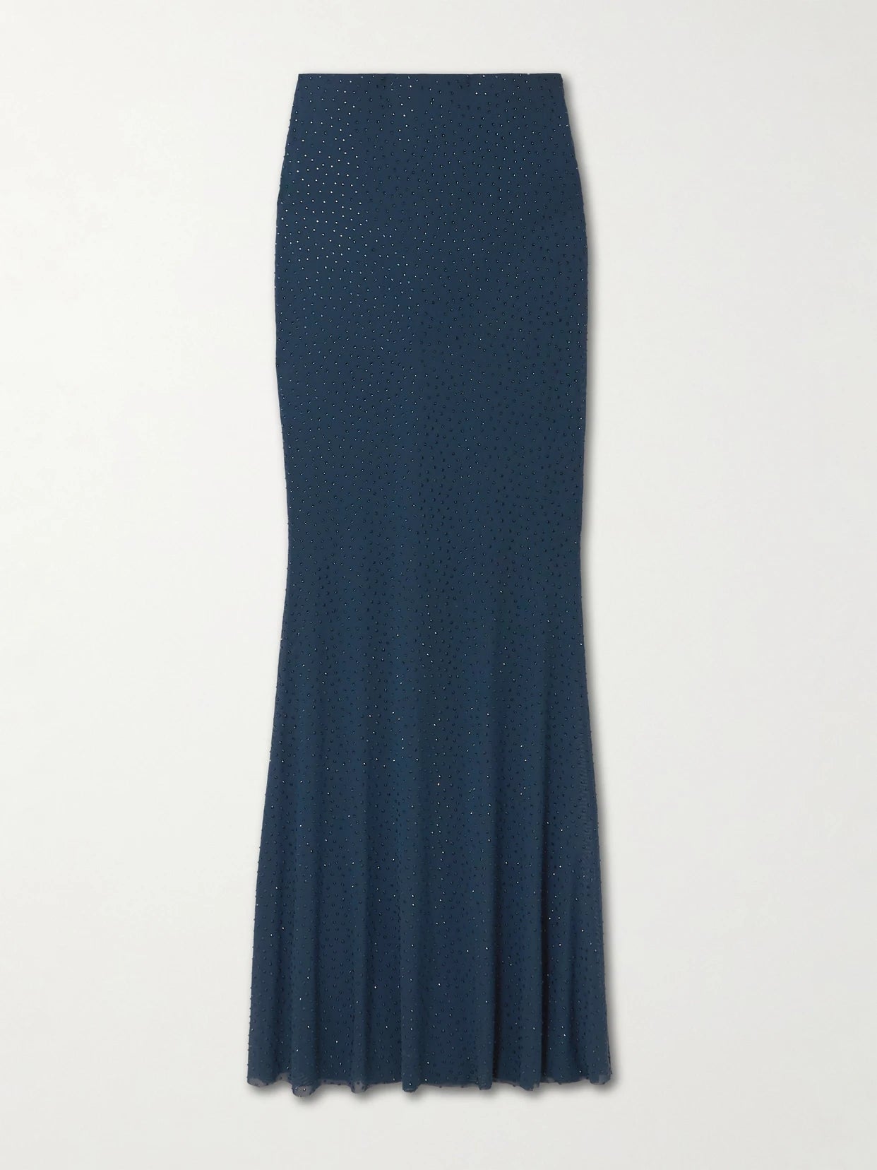 Image of a model wearing Skirts. Product name - Elivera Crystal-embellished Stretch-tulle Maxi Skirt in Navy colour by brand - Rebecca Vallance