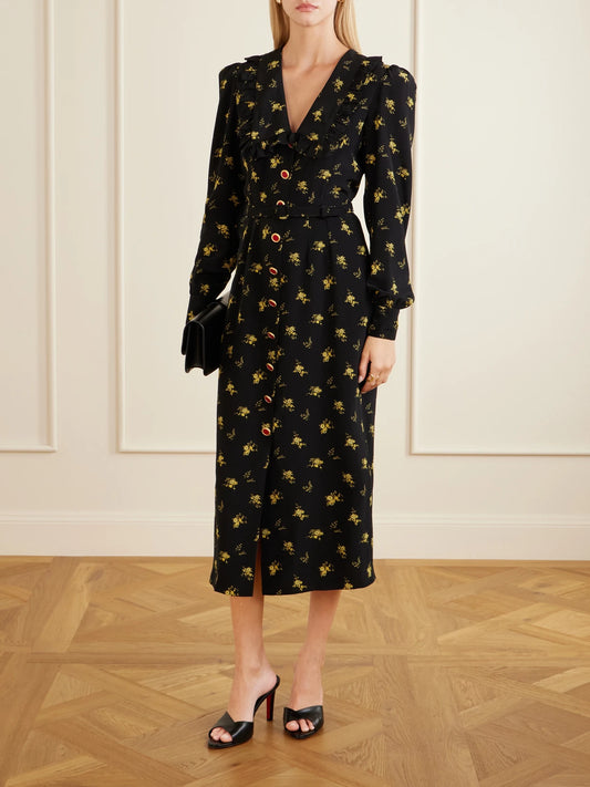 Image of Dresses. Product name - Belted Ruffled Floral-print Silk-crepe Midi Dress in Black colour by brand - Alessandra Rich