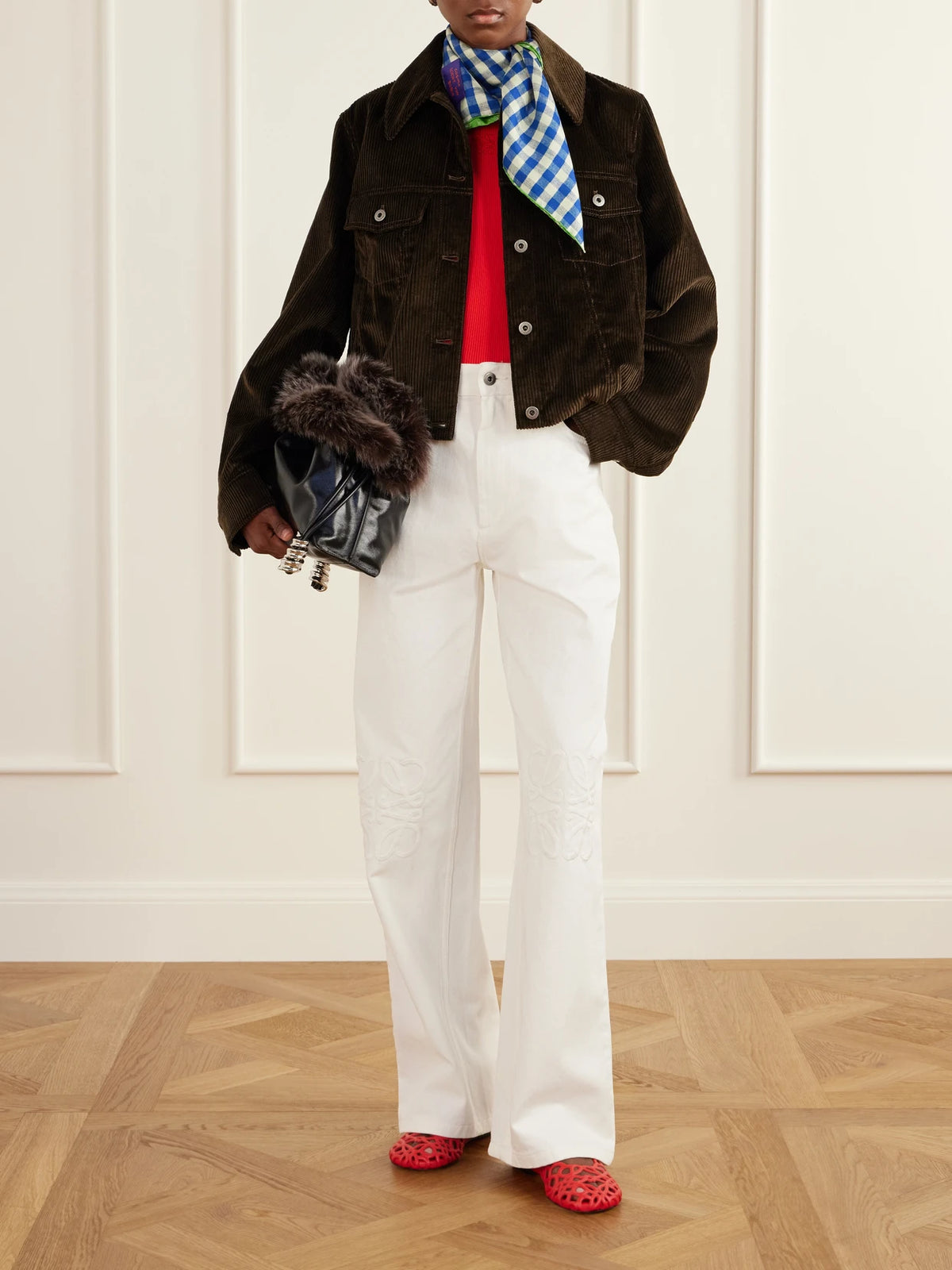 Image of Scarves & Shawls. Product name - Checked And Floral-print Silk Scarf in Multi colour by brand - LOEWE