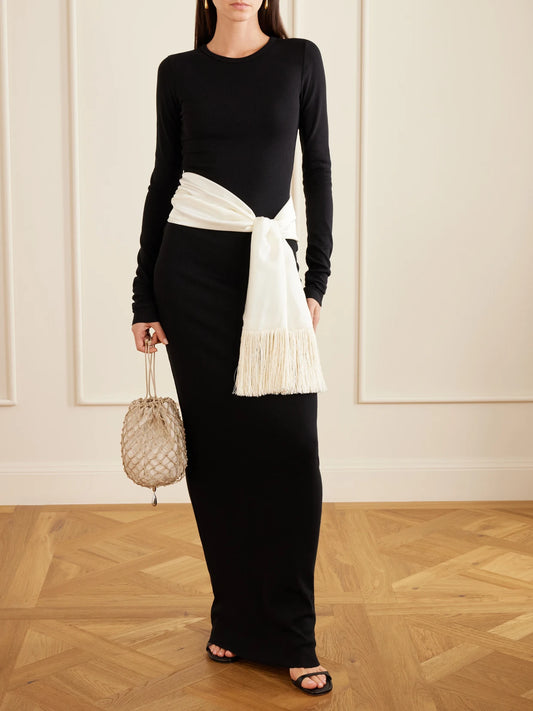 Image of Scarves & Shawls. Product name - The Opera Fringed Silk Scarf in Cream colour by brand - Le Sundial