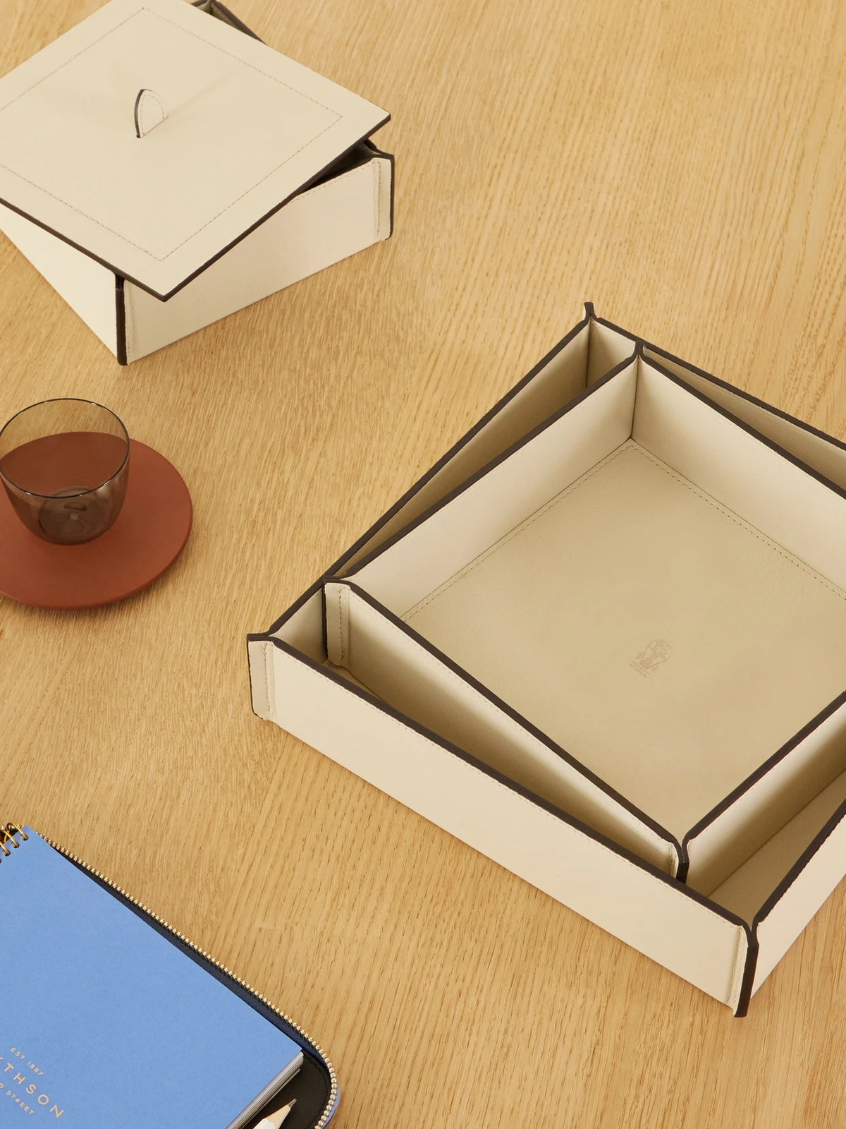 Image of Decor. Product name - Set Of Three Leather Boxes in Off-white colour by brand - Brunello Cucinelli