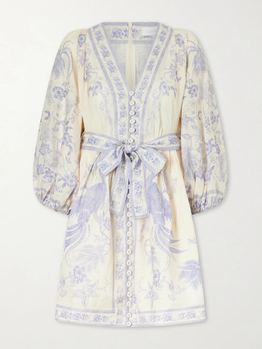 Indra Belted Floral-print Linen Mini Dress