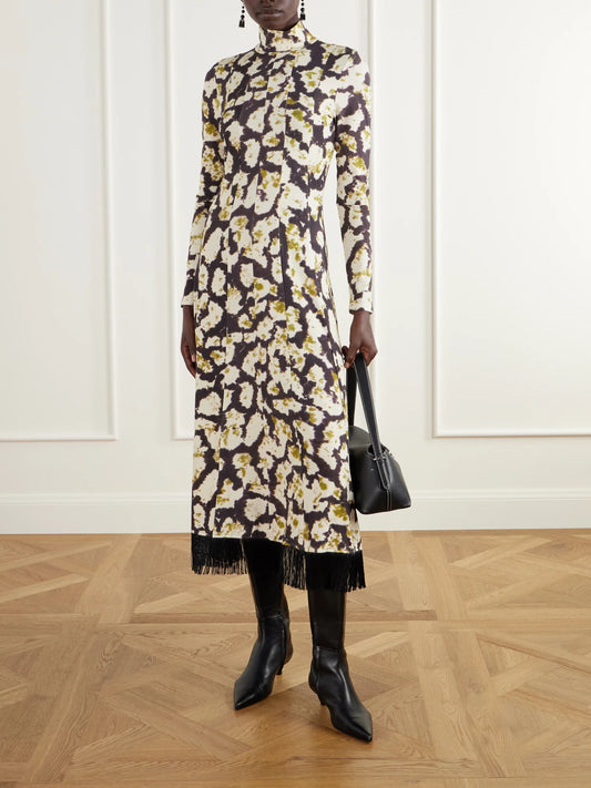 Image of Dresses. Product name - Troy Floral-print Fringe-trimmed Cotton-blend Jersey Midi Dress in Multi colour by brand - Cara Cara