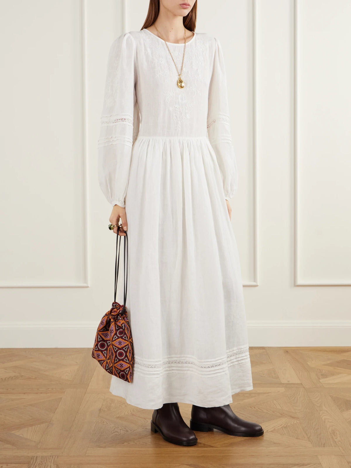 La DoubleJ Drawstring Leather-trimmed Jacquard-knit Clutch
