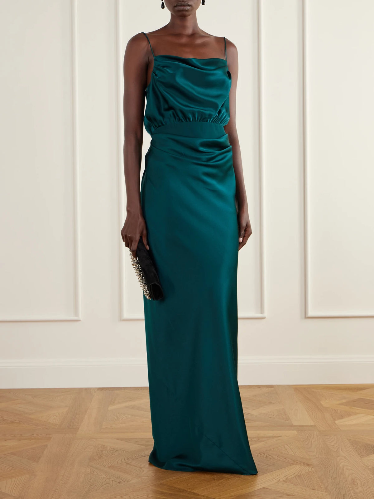 Image of Dresses. Product name - Cleo Gathered Silk-satin Gown in Dark green colour by brand - Heirlome