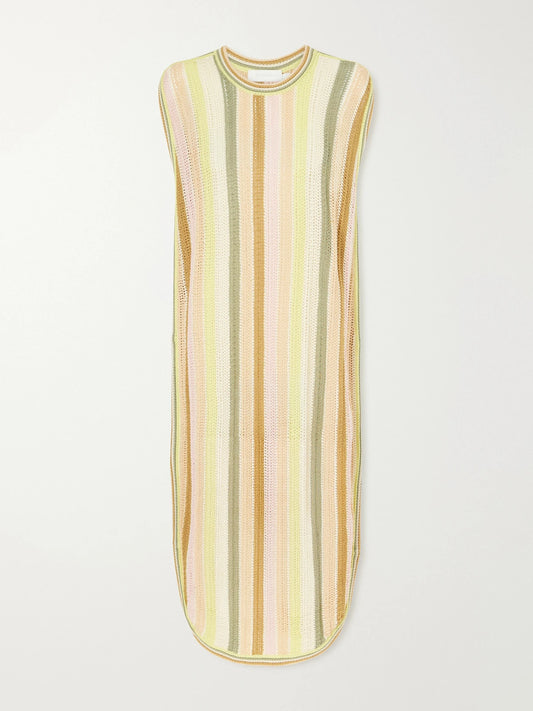 Image of Dresses. Product name - Indra Striped Crocheted Cotton Coverup in Yellow colour by brand - Zimmermann