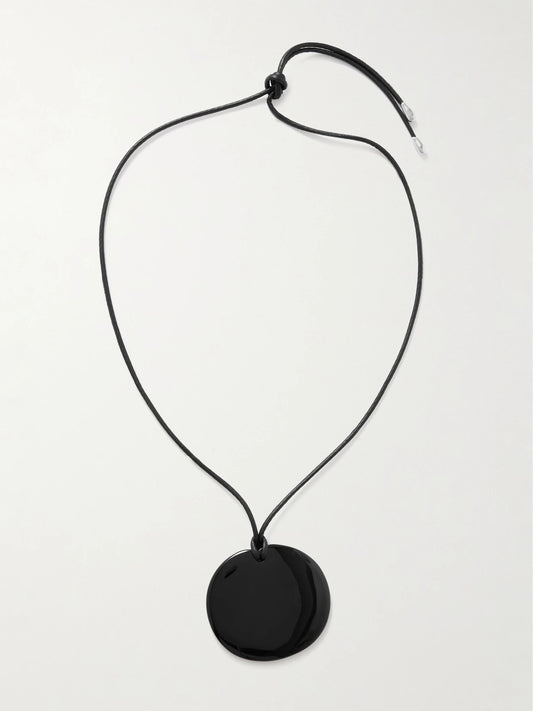 Large Full Moon Cord, Onyx And Silver Necklace