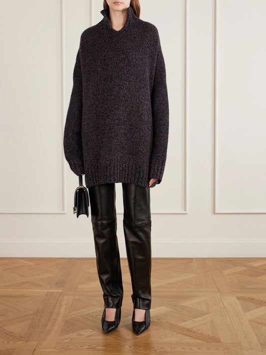 Image of a model wearing Outerwear. Product name - Novis Oversized Cashmere Mélange Sweater in Dark brown colour by brand - KHAITE