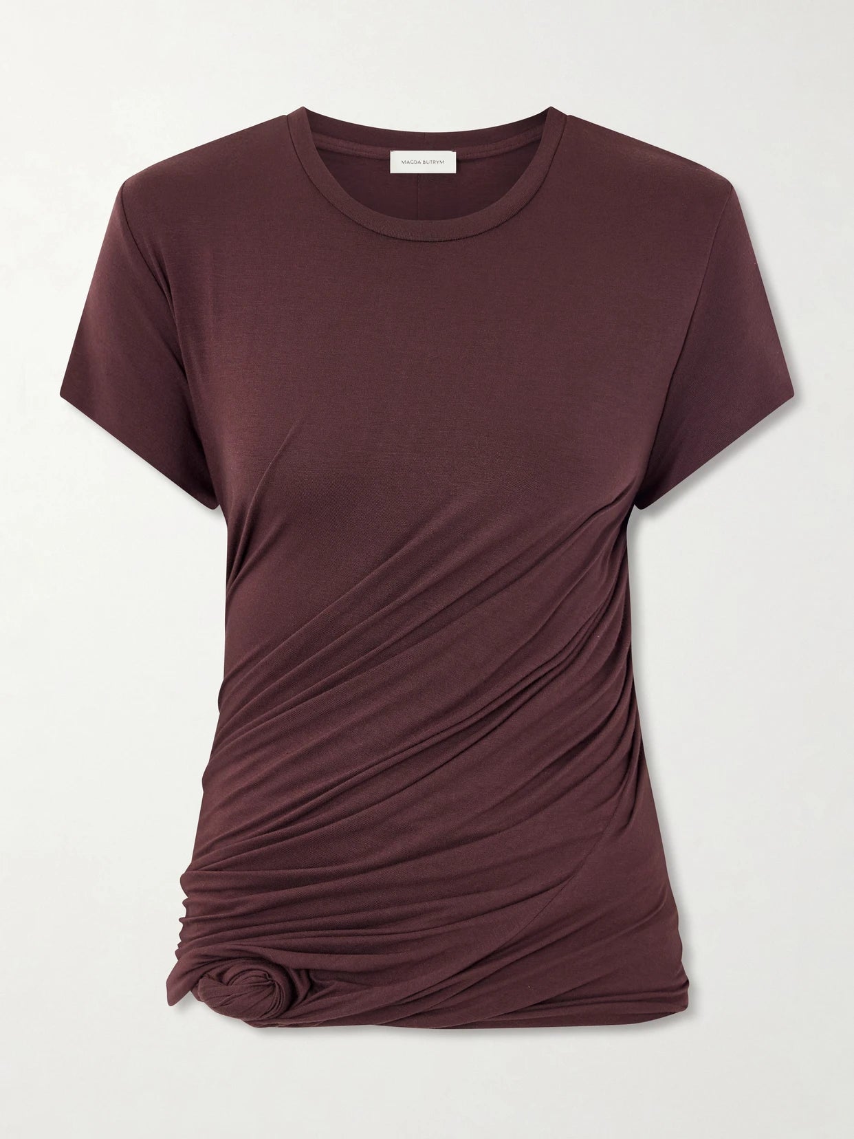 Image of a model wearing Tops. Product name - Gathered Cotton-blend T-shirt in Brown colour by brand - Magda Butrym