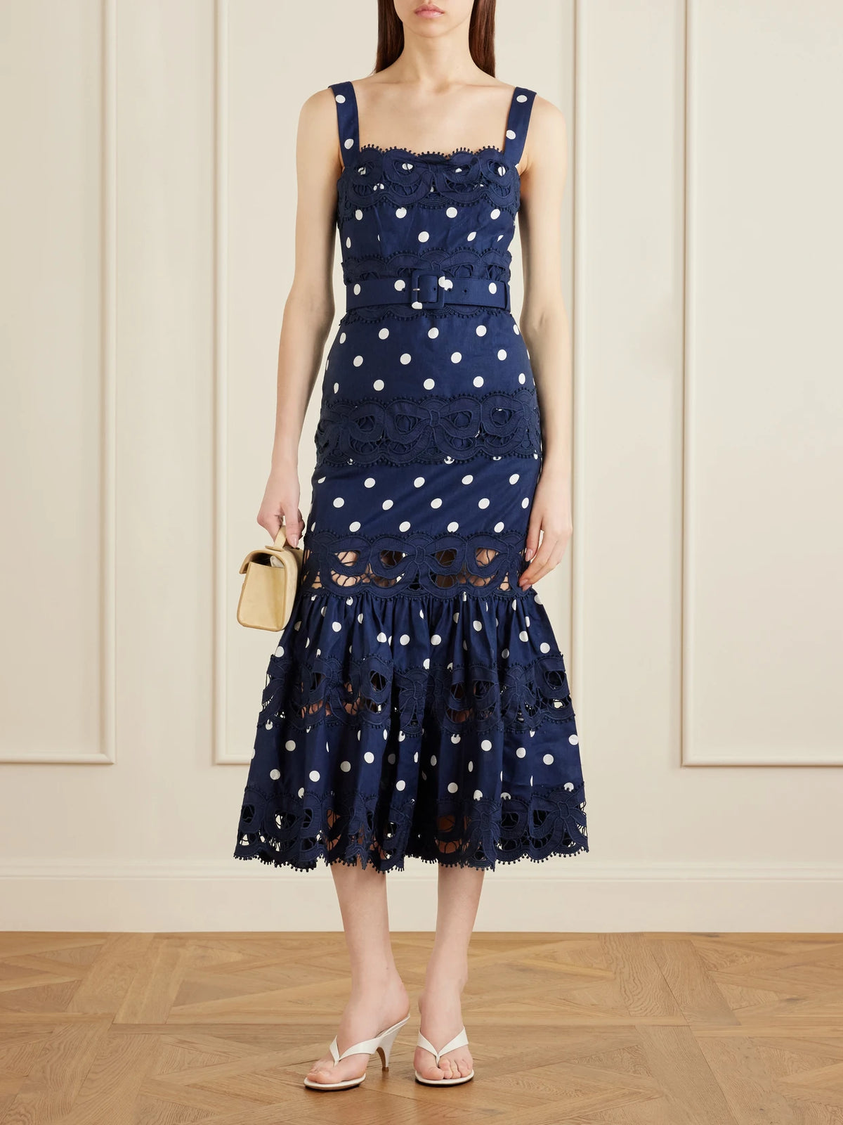 Image of Dresses. Product name - Belted Polka-dot Linen And Cotton-blend Midi Dress in Navy colour by brand - Self-Portrait