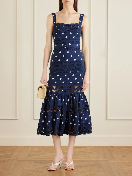 Image of Dresses. Product name - Belted Polka-dot Linen And Cotton-blend Midi Dress in Navy colour by brand - Self-Portrait
