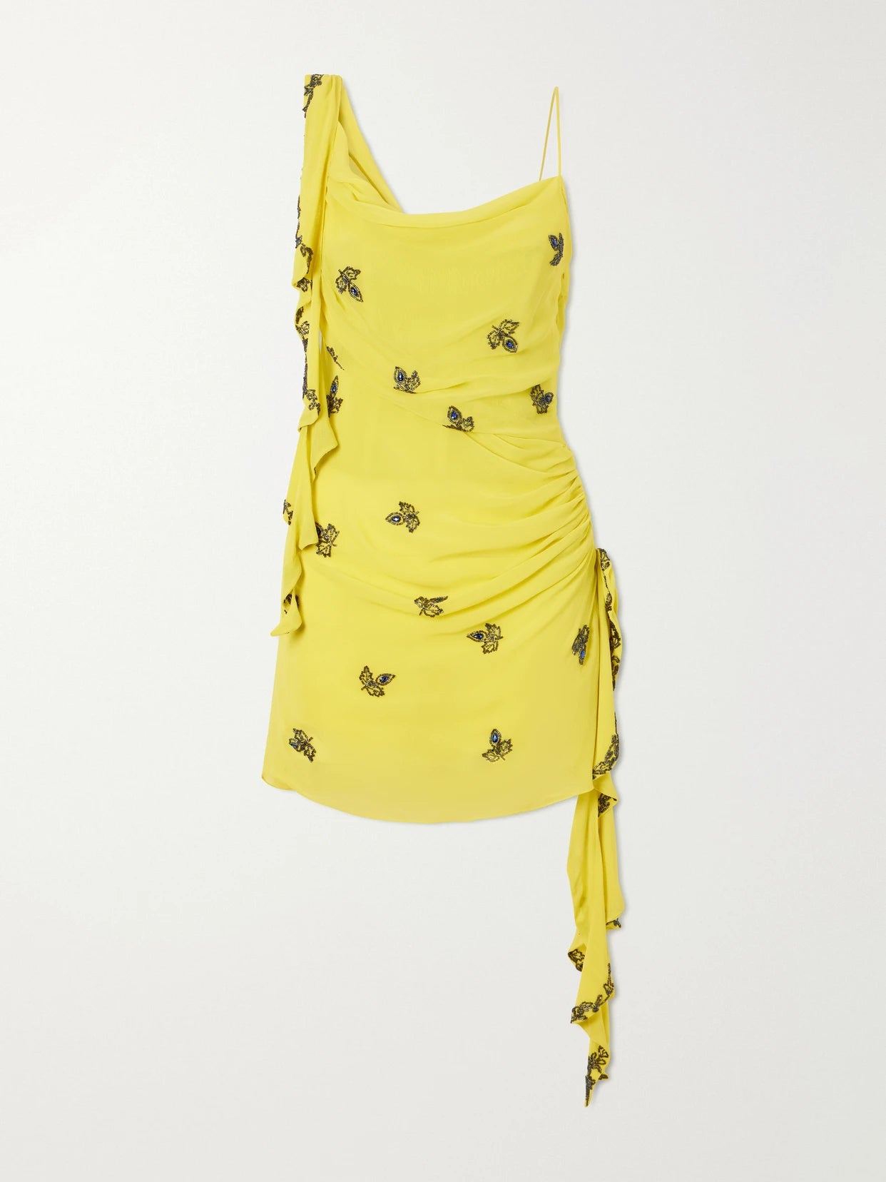 Isola Asymmetric Gathered Embellished Chiffon Mini Dress