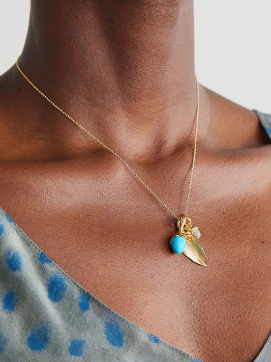 Image of Necklaces. Product name - This Lotus 18-karat Gold, Turquoise And Diamond Necklace in Multi colour by brand - OLE LYNGGAARD COPENHAGEN