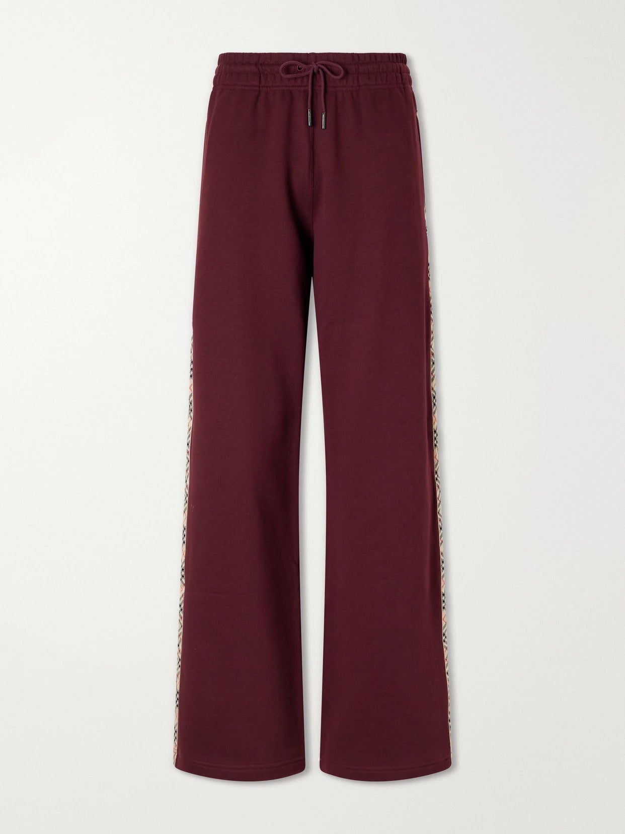 Image of Sleepwear & Loungewear. Product name - Jodie Checked Cotton-jersey Straight-leg Track Pants in Burgundy colour by brand - Burberry