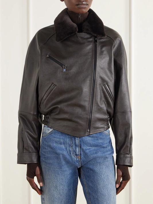 Magda Butrym Cropped Shearling-trimmed Leather Biker Jacket