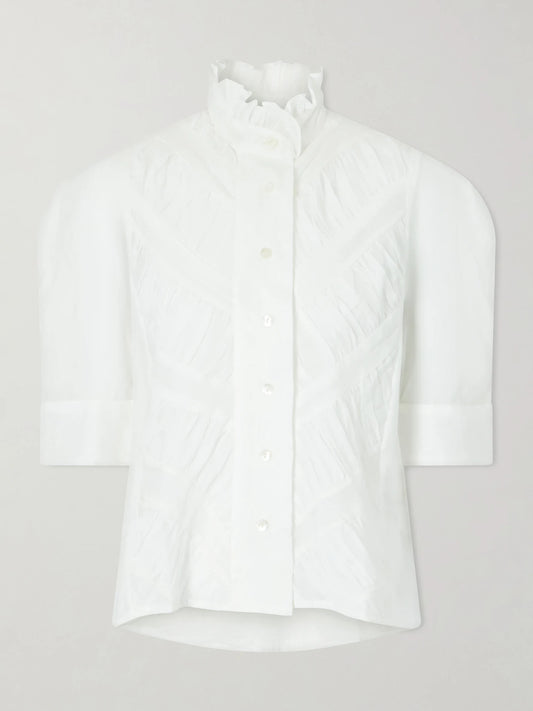 Image of Shirts. Product name - Vita Ruffled Pleated Cotton-gauze Shirt in Off-white colour by brand - Thierry Colson