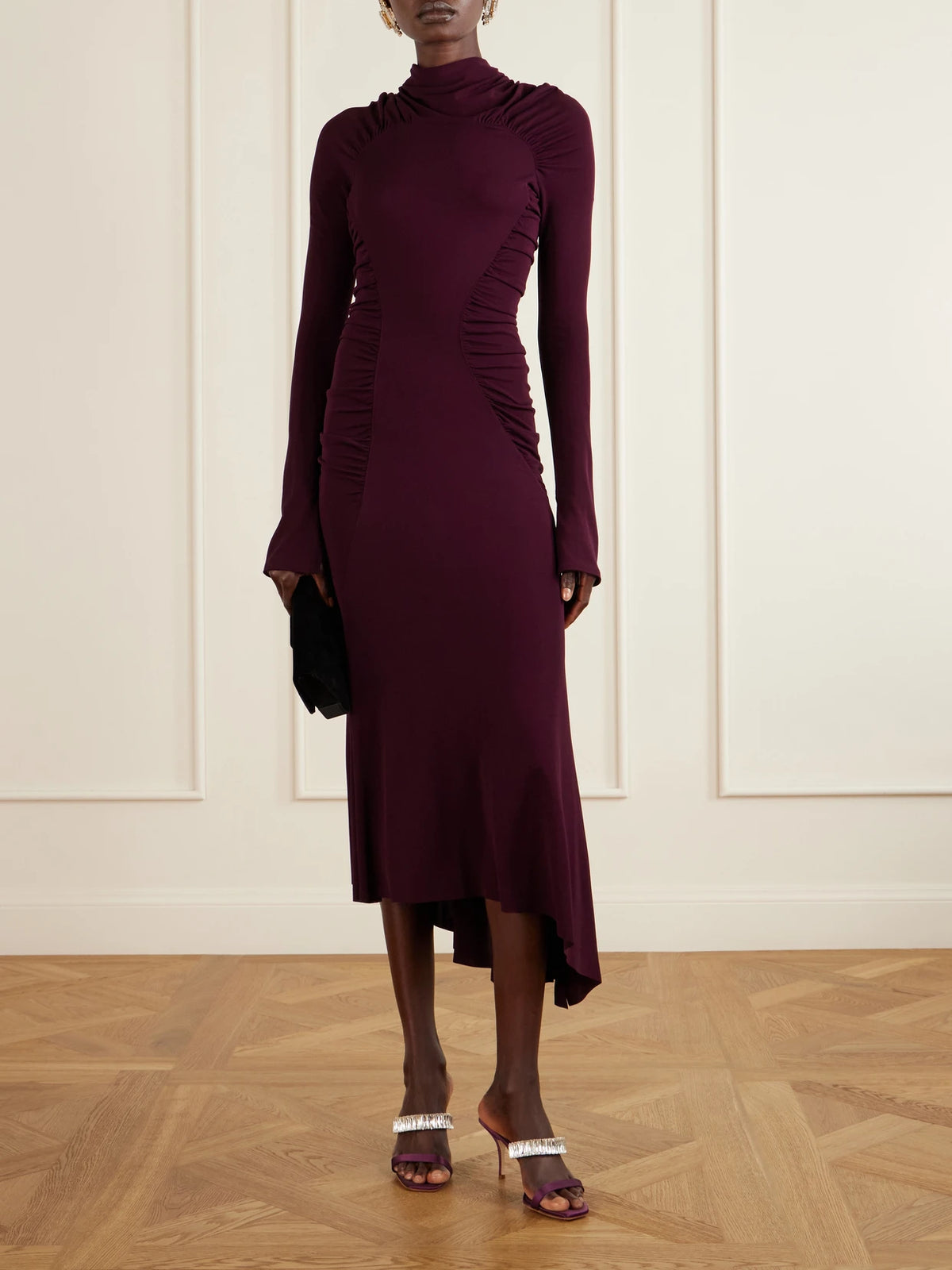 Image of Heels. Product name - Sakobay 70 Crystal-embellished Satin Sandals in Dark purple colour by brand - Manolo Blahnik