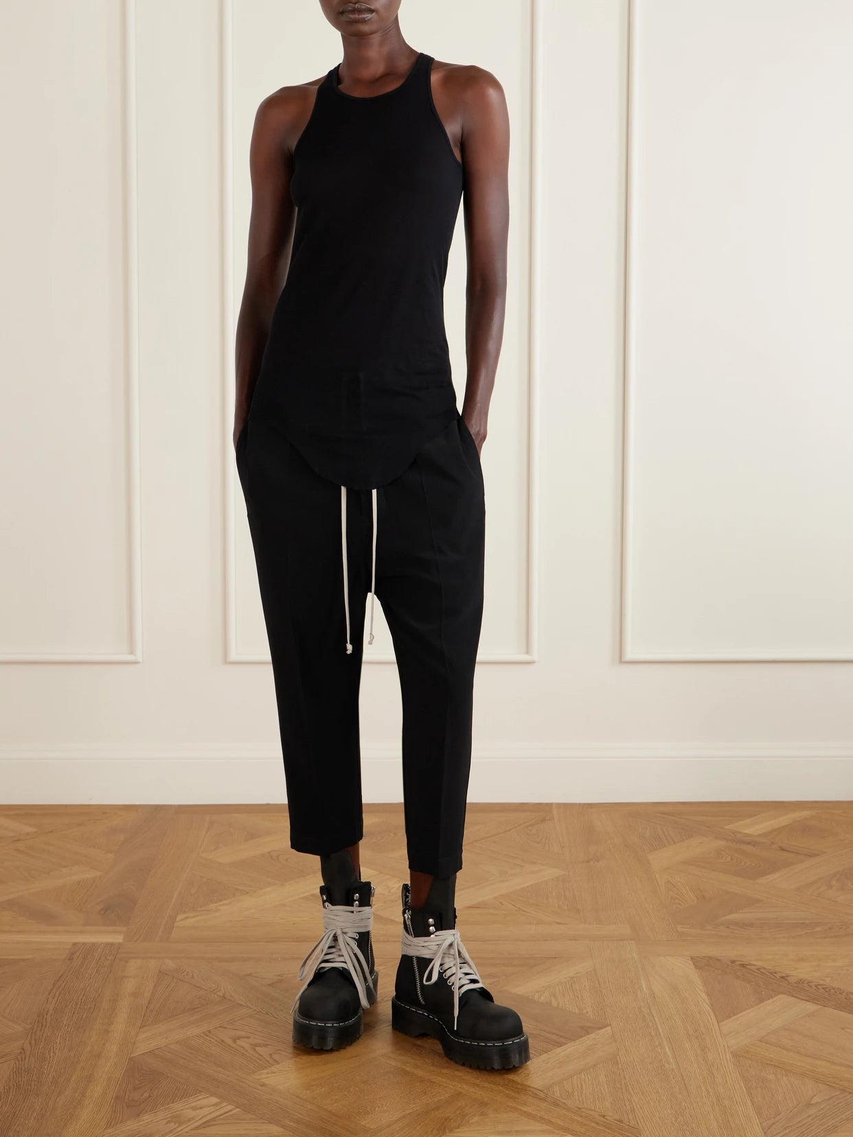 Image of Sleepwear & Loungewear. Product name - Astaires Cady Tapered Drawstring Pants in Black colour by brand - Rick Owens