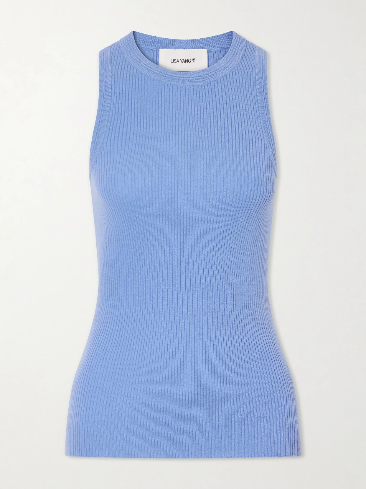Image of a model wearing Tops. Product name - Amya Ribbed Cotton And Cashmere-blend Tank Top in Light blue colour by brand - LISA YANG
