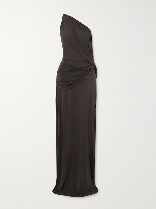 Image of Dresses. Product name - One-shoulder Draped Stretch-jersey Gown in Dark gray colour by brand - Alex Perry