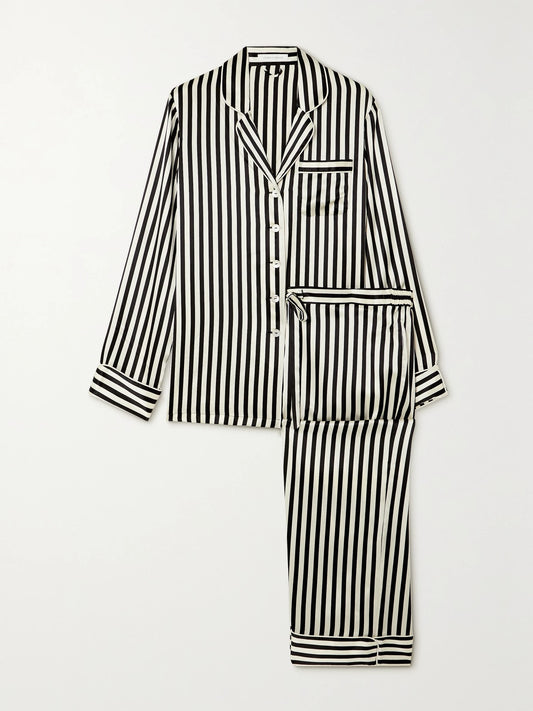 Image of Sleepwear & Loungewear. Product name - Lila Striped Silk-satin Pajama Set in Black colour by brand - Olivia von Halle