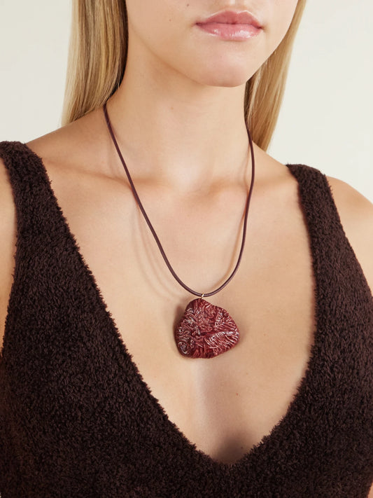 Image of Necklaces. Product name - Ceramic Pendant Cord Necklace in Burgundy, Black colour by brand - Gabriela Hearst