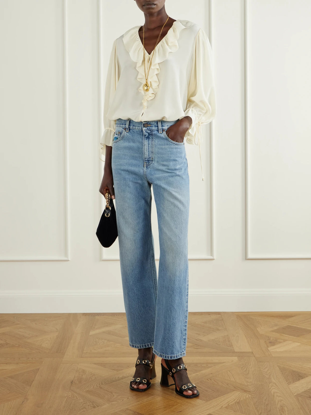 Image of Jeans. Product name - Logo-embroidered High-rise Wide-leg Jeans in Light denim colour by brand - Chloé