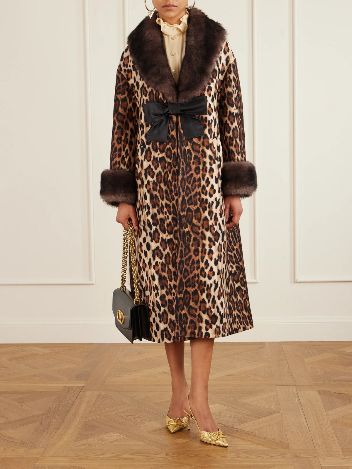 Image of Coats & Jackets. Product name - Bow-embellished Shearling-trimmed Leopard-print Wool Coat in Leopard print colour by brand - Valentino Garavani