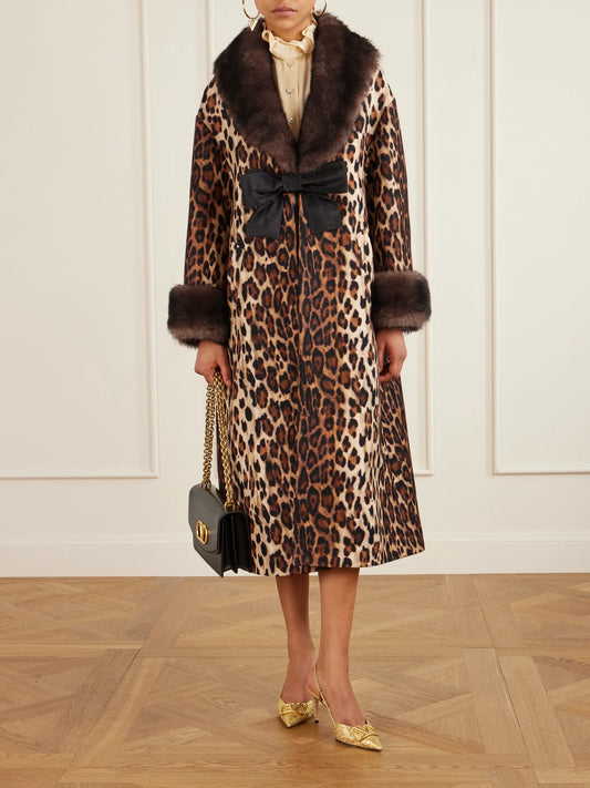 Image of Coats & Jackets. Product name - Bow-embellished Shearling-trimmed Leopard-print Wool Coat in Leopard print colour by brand - Valentino Garavani