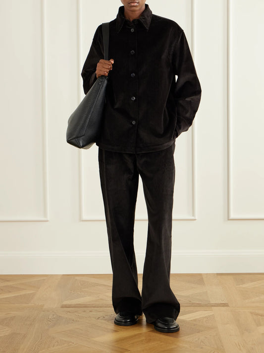 Image of a model wearing Tops. Product name - Santini Cotton-corduroy Shirt in Dark brown colour by brand - Studio Nicholson