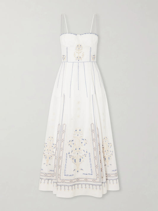 Valya Embroidered Pleated Cotton-poplin Midi Dress