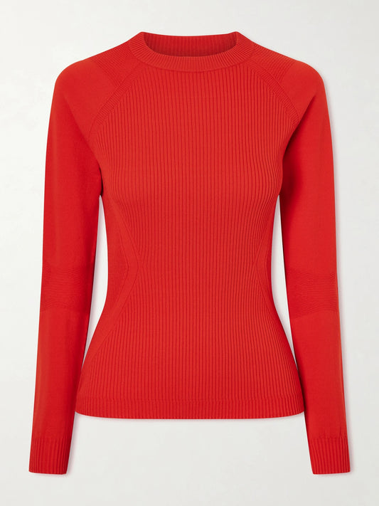 Image of a model wearing Tops. Product name - Appliquéd Ribbed-knit T-shirt in Red colour by brand - Moncler Grenoble