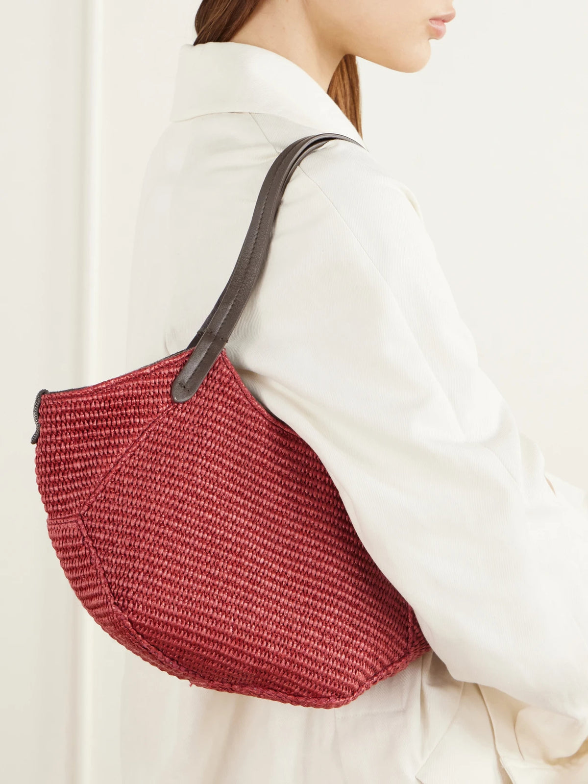 Image of Bags. Product name - Reversible Leather-trimmed Raffia Tote in Red colour by brand - Brunello Cucinelli