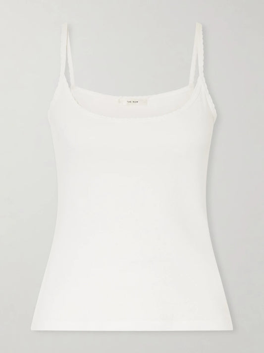Image of a model wearing Tops. Product name - Denzel Ribbed Cotton-jersey Tank in White colour by brand - The Row