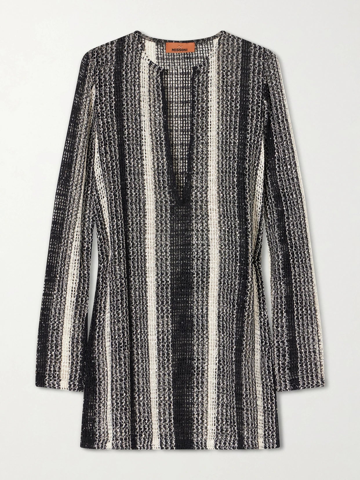 Striped Metallic Sequin-embellished Crochet-knit Dress