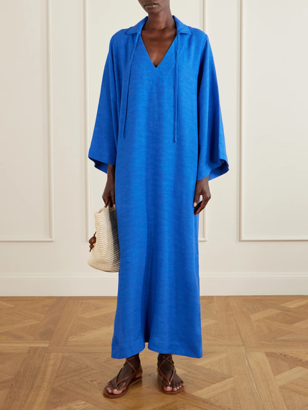 Image of Dresses. Product name - Tie-detailed Woven Maxi Dress in Blue colour by brand - Lisa Marie Fernandez